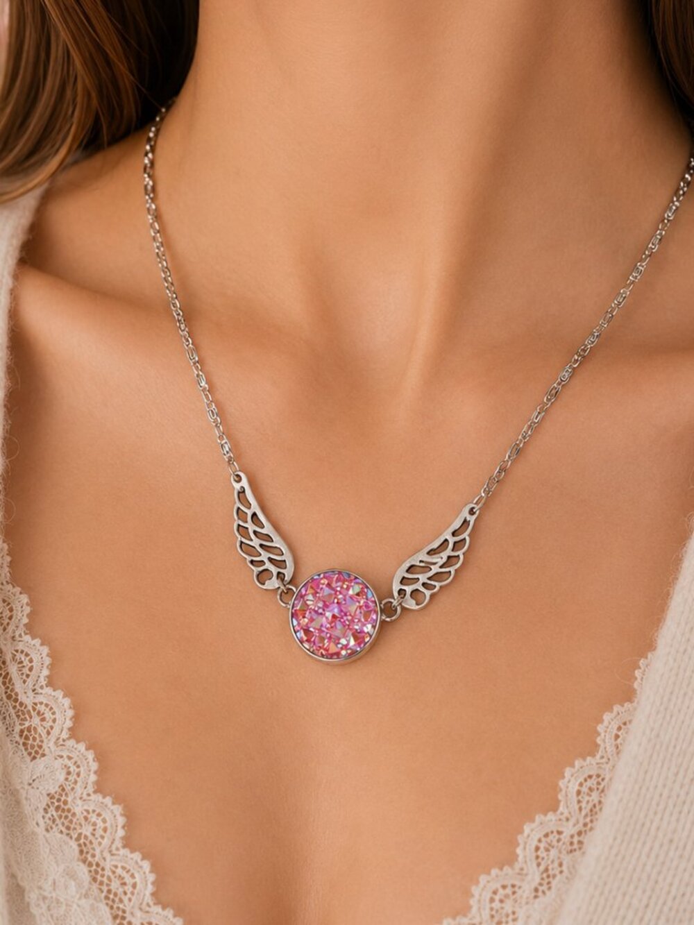 Silver Angel Wing Snap Necklace Pink Crystal Druzy Style Interchangeable Charm